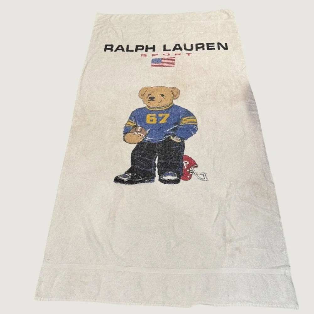Vintage Ralph Lauren Sport Polo Bear Beach Towel Football 67 White Cotton USA